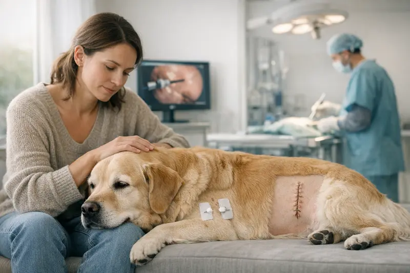 Tierarztberatung zur minimalinvasiven OP beim Hund Ein Tierarzt erklärt einem Hundebesitzer die Vor- und Nachteile der minimalinvasiven OP beim Hund.