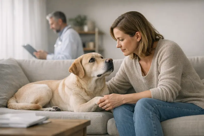 Gesunder Hund mit betroffenem Blick, der in einer modernen Tierarztpraxis untersucht wird, symbolisiert die Bedeutung einer Hundekrankenversicherung.