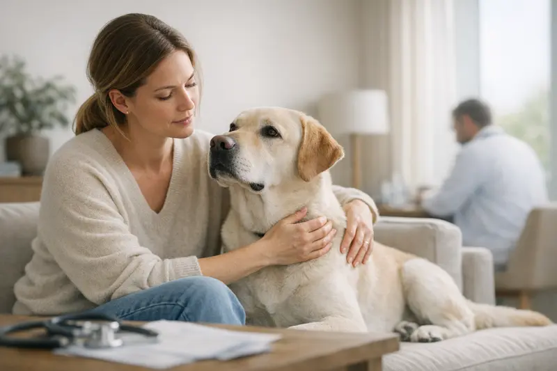 Ein gesunder Hund mit einem Tierarzt, der die Vorteile einer Hundekrankenversicherung diskutiert.