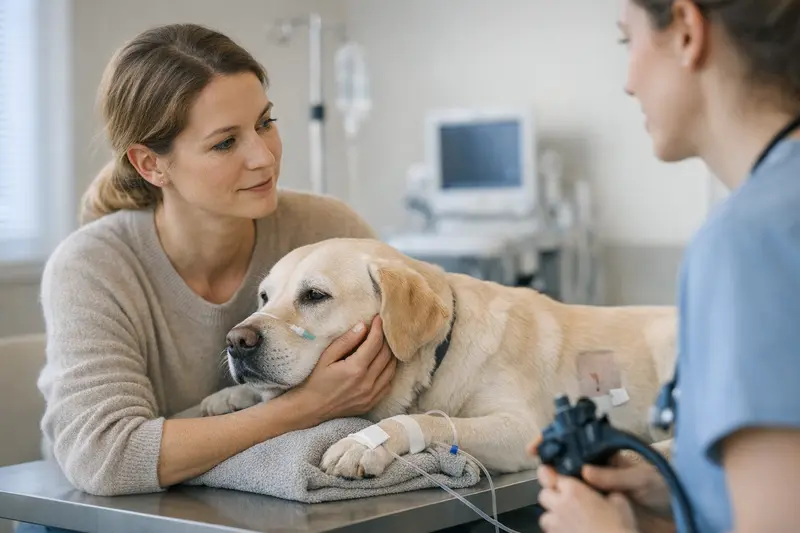 Hund bei minimalinvasiver Behandlung Ein Hund erhält eine minimalinvasive Behandlung beim Tierarzt.