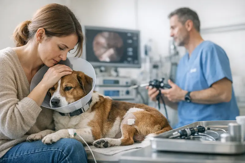 Tierarztbehandlung Hund Tierarzt bei einem Hund mit minimalinvasiver Behandlung in einer modernen Klinik