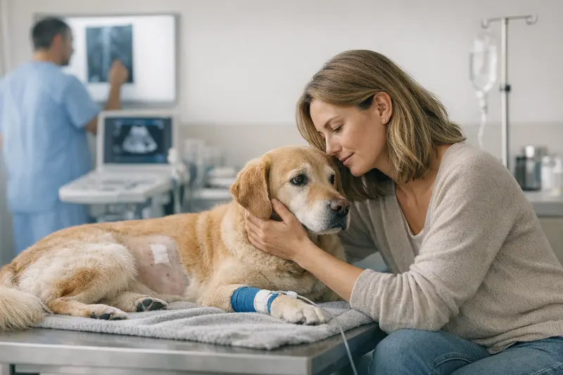 Wichtige Tarifpunkte bei Hundekrankenversicherungen Eine Tierärztin erklärt einem Hundebesitzer die wichtigen Tarifpunkte für Hundekrankenversicherungen.