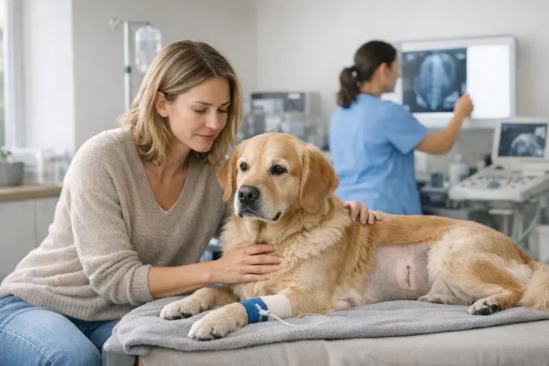 Hundekrankenversicherung und OP-Leistungen Ein Hundebesitzer bespricht mit einem Tierarzt die Kosten und Leistungen der Hundekrankenversicherung.