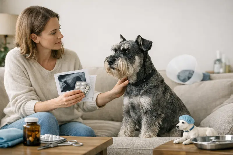 Mittelschnauzer Tierarztbesuch Mittelschnauzer bei einem Tierarztbesuch zur Gesundheitsüberprüfung
