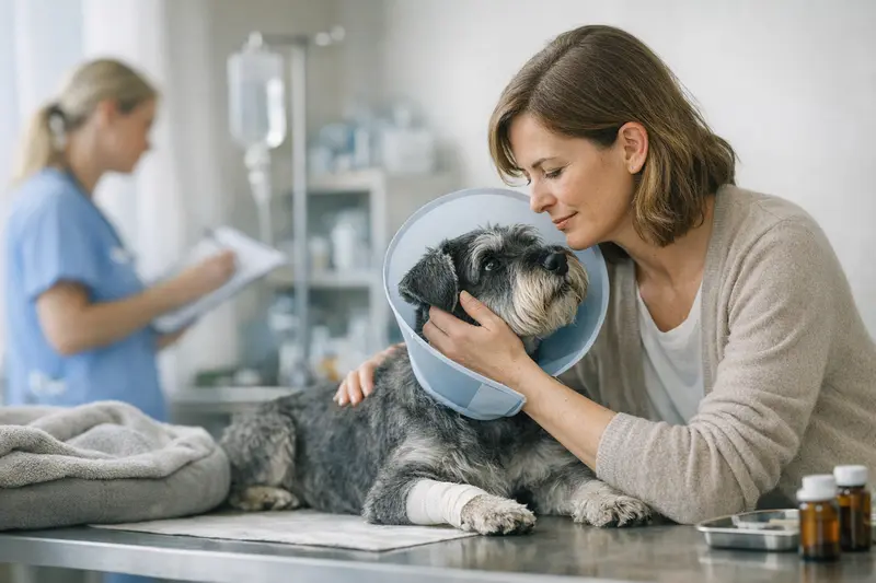 Tierarztuntersuchung vor der OP Ein Hund wird von einem Tierarzt vor einer Operation untersucht, um sicherzustellen, dass alles in Ordnung ist.