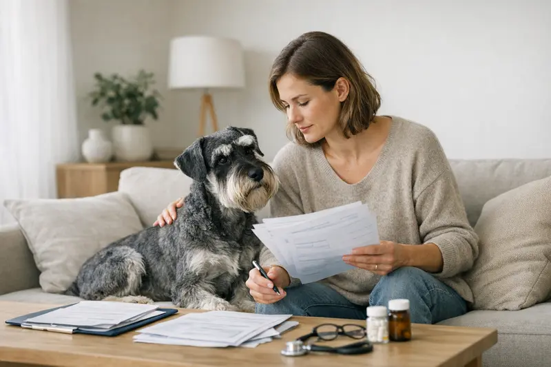 Wichtige Tarifpunkte bei Hundekrankenversicherungen Hund beim Tierarzt zur Untersuchung seiner Krankenversicherung.