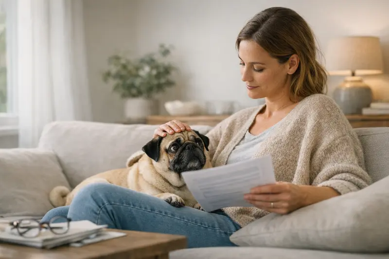 Eine glückliche Mops-Hündin beim Tierarzt, bereit für ihre Untersuchung ohne Sorgen über hohe Kosten.