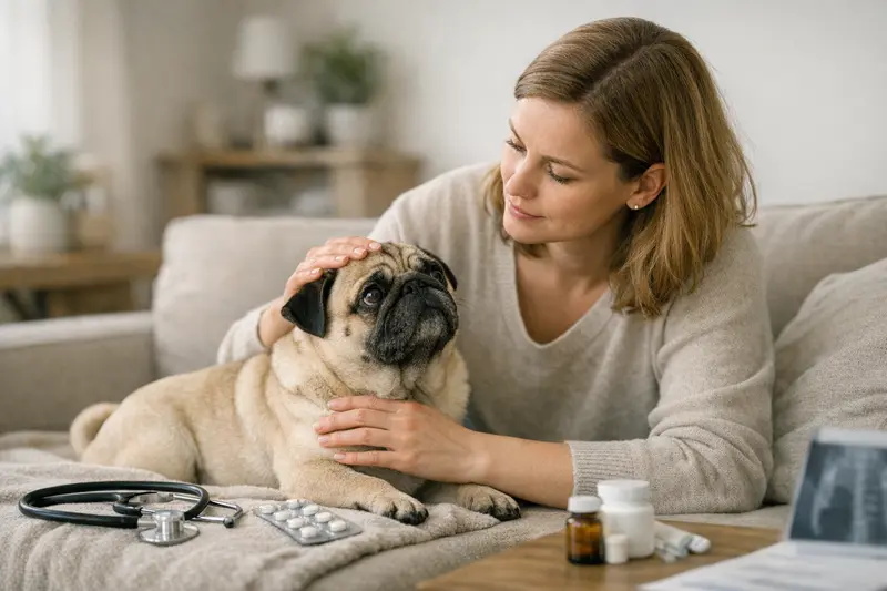 Mops beim Tierarzt Mops bei einem Tierarzt mit einer Krankenschwester während einer Untersuchung.