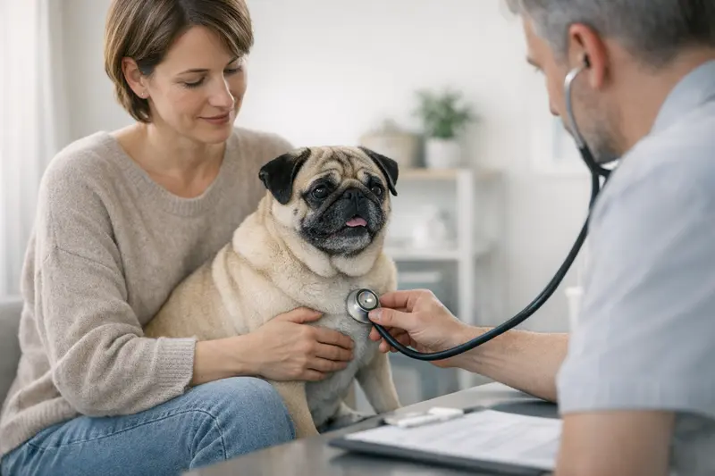Mops Gesundheitscheck Ein Mops während einer tierärztlichen Vorsorgeuntersuchung zeigt die Wichtigkeit von regulären Gesundheitschecks.