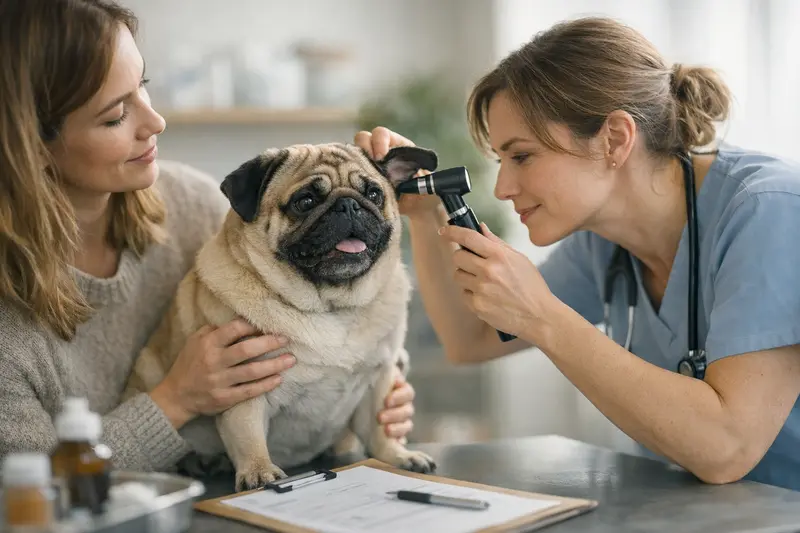 Vorsorgeuntersuchung für Mops Regelmäßige tierärztliche Untersuchungen eines Mops helfen, Gesundheitsprobleme frühzeitig zu erkennen.
