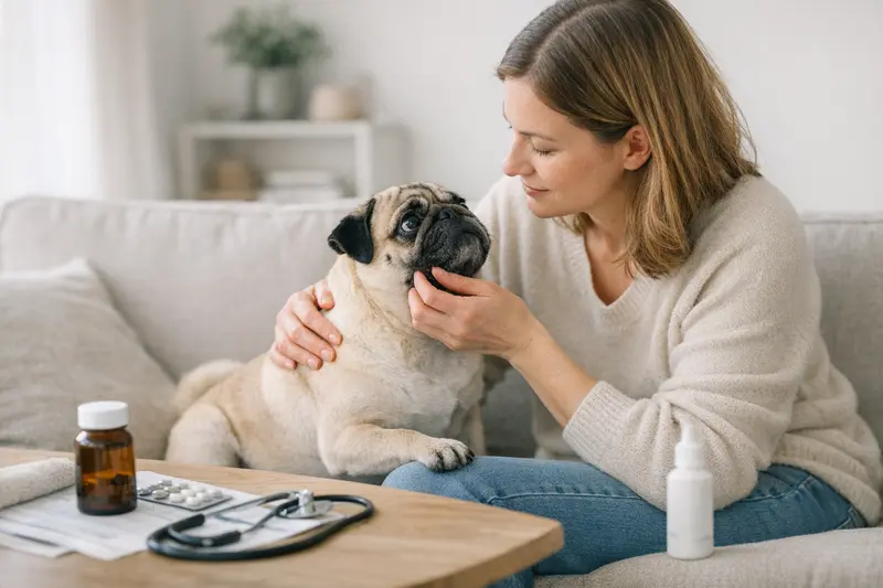 Ein Mops mit gesundheitlichen Besorgnissen, der untersucht wird, um wichtige Gesundheitsbereiche für die Versicherungswahl zu klären.