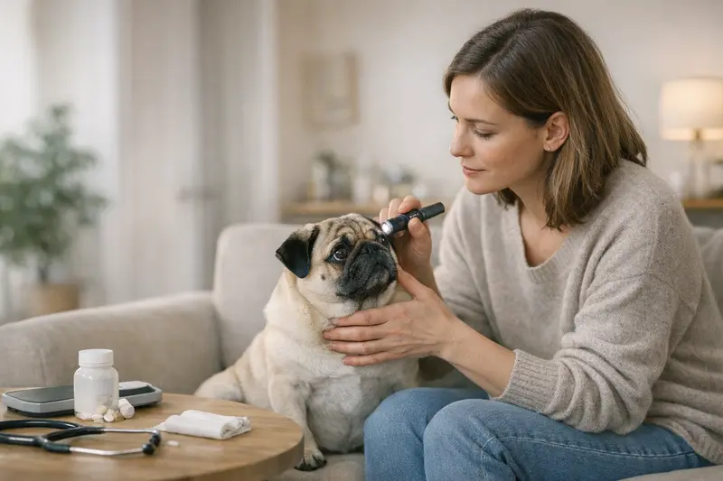Wichtige Gesundheitsbereiche beim Mops Ein Mops sitzt entspannt und zeigt seine charakteristischen Hautfalten.