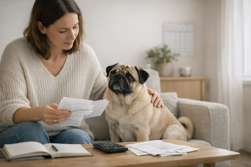 Ein Hund beim Tierarzt, während die Besitzerin über Selbstbeteiligung und Jahreslimit in der Hundeversicherung nachdenkt.