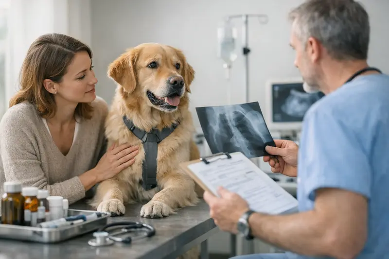 Ein Hund beim Tierarzt, während eine Tierärztin eine ambulante Diagnostik durchführt, was bei einer Hundeversicherung wichtig ist.