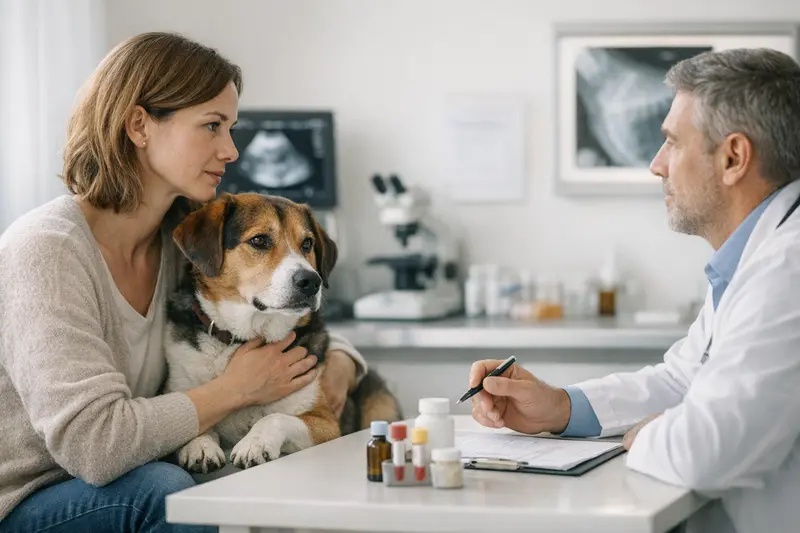 Tierarztkosten bei Verdacht auf Krankheiten beim Hund Ein Hundebesitzer spricht mit einem Tierarzt über die anfallenden Tierarztkosten bei Verdacht auf Krankheiten.