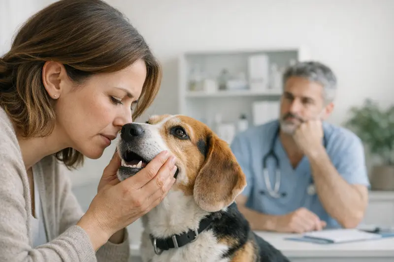 Ein Hundebesitzer untersucht den Mund seines Hundes auf mögliche Ursachen für Mundgeruch.