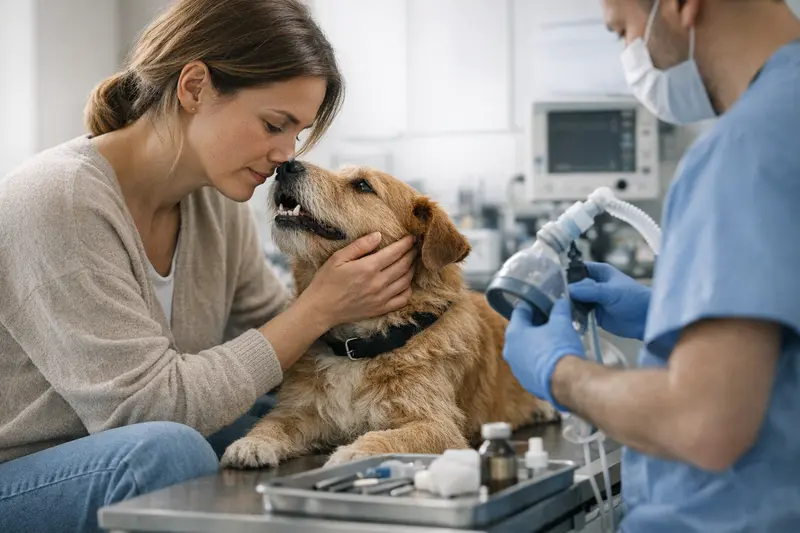 Tierarztkosten für Hundezahnbehandlungen Detailaufnahme eines Hundes beim Tierarzt für eine Zahnbehandlung, die hohe Kosten verursachen kann.
