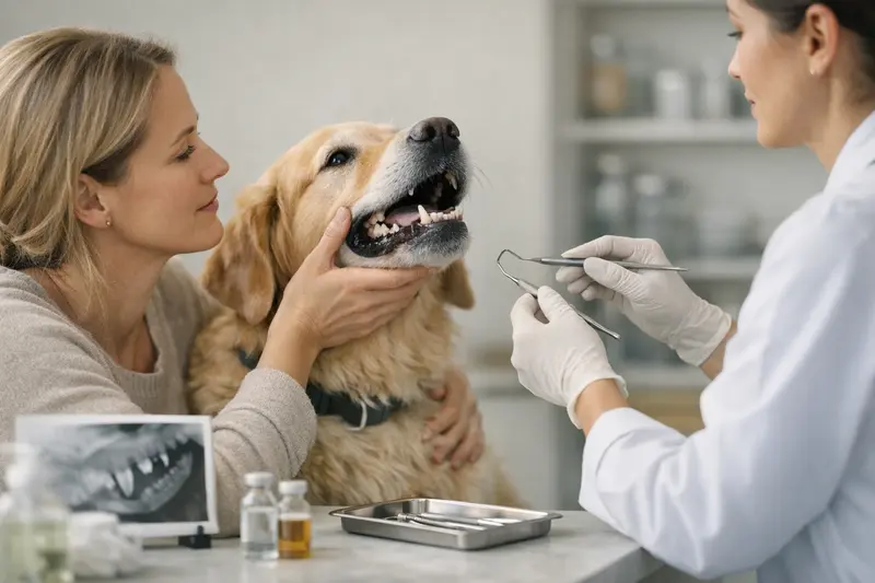 Hund bei tierärztlicher Untersuchung wegen Zahnproblemen.