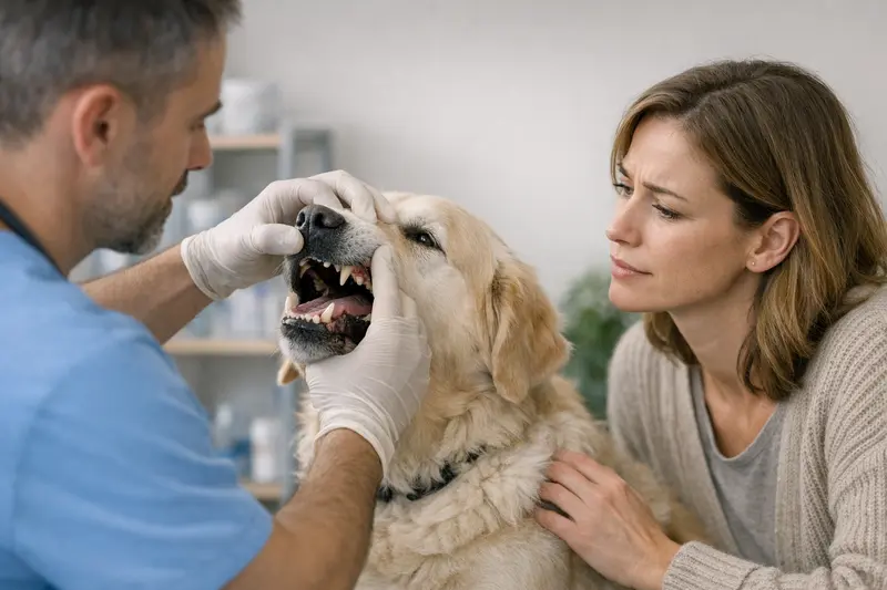 Hund beim Tierarzt wegen Mundgeruch Ein Hund mit einem besorgten Blick, der wegen Mundgeruch zum Tierarzt gebracht wird.