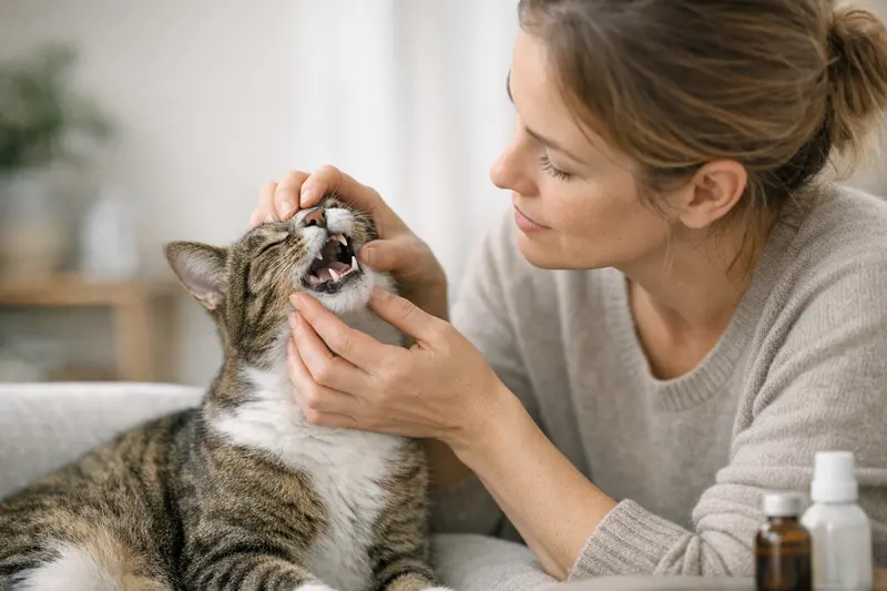 Eine Katze mit einem besorgten Gesichtsausdruck, während sie vom Tierarzt untersucht wird, möglicherweise wegen Mundgeruch.