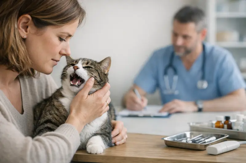 Tierarzt Untersuchung Mundgeruch Katze Tierarzt untersucht eine Katze mit Mundgeruch im Rahmen einer Diagnostik.