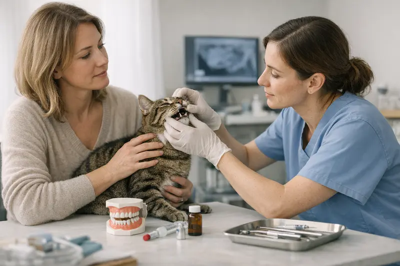 Tierarztuntersuchung bei Mundgeruch von Katzen Eine Katze wird von einem Tierarzt auf Zahnerkrankungen untersucht, um die Ursachen für Mundgeruch zu klären.
