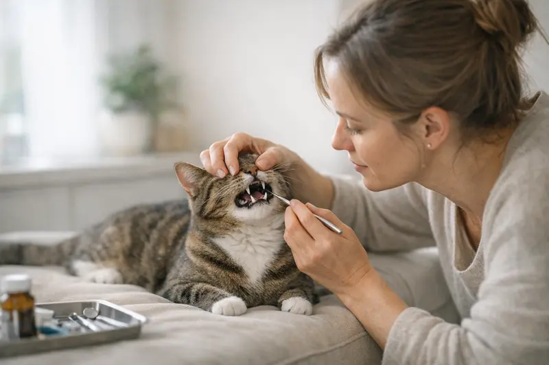 Katzenversicherung Zahnbehandlung Eine Katze wird beim Tierarzt untersucht, um die Zahngesundheit zu überprüfen.