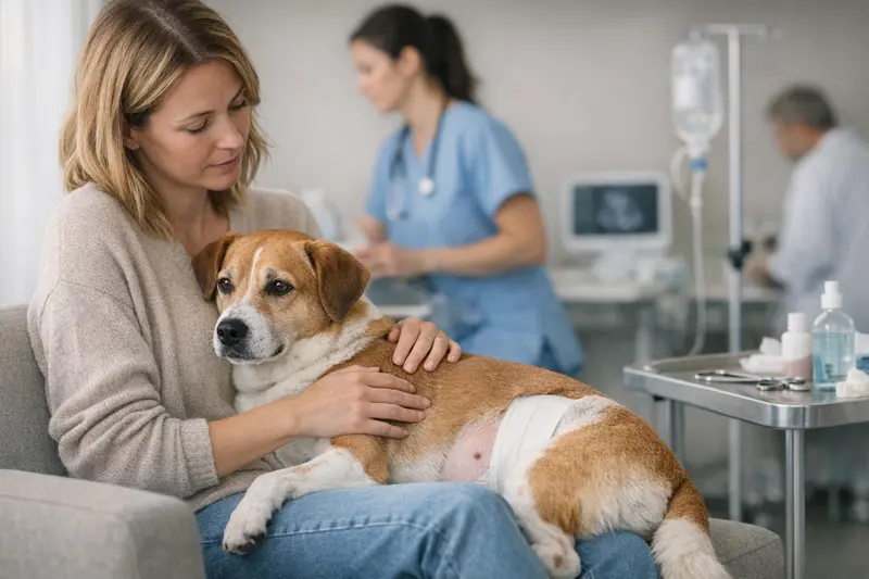 Hundehalter bespricht mit einem Tierarzt die Kosten für Diagnostik und Nachsorge in einer Hundeklinik.