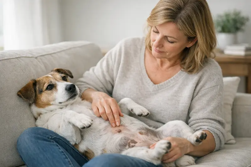 Ein Hund mit Nabelbruch untersucht von einem Tierarzt.