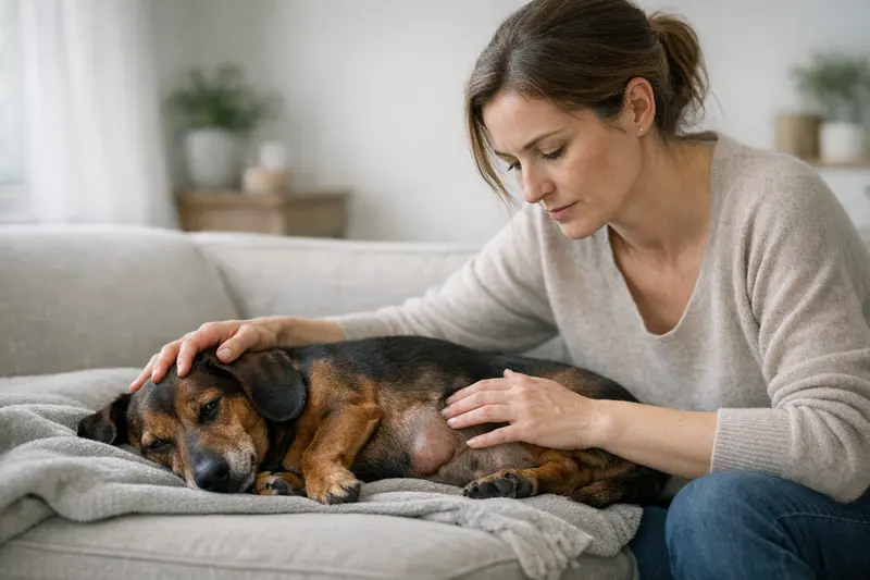 Hund mit Anzeichen eines Nabelbruchs, der tierärztlich untersucht wird.