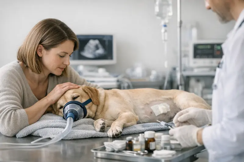 Kosten für Nabelbruch-Operation beim Hund Ein Tierarzt untersucht einen Hund mit Verdacht auf Nabelbruch.