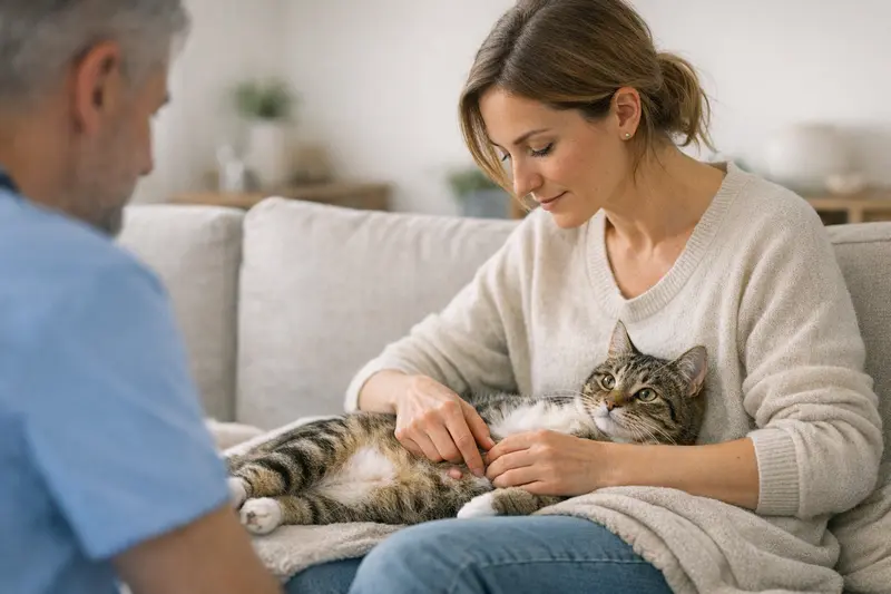 Katzennabelbruch mit Schwellung am Bauch, wie er bei Tieren auftreten kann.
