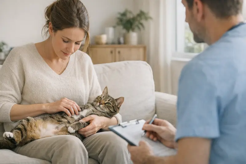 Tierarztuntersuchung Nabelbruch Katze Eine Katze mit einem Nabelbruch wird von einem Tierarzt untersucht.