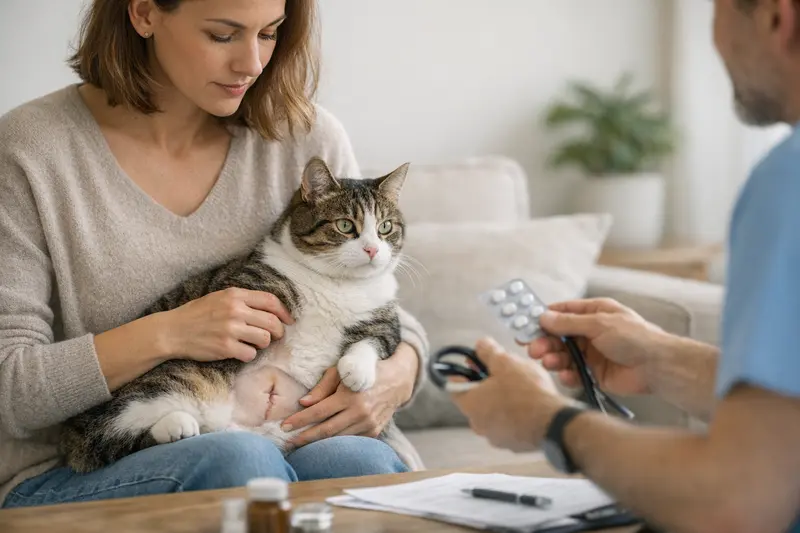 Katze und Versicherungen OP-Schutz vs. Krankenversicherung Verzweifelte Katze beim Tierarzt, die über OP-Schutz und Krankenversicherung nachdenkt.