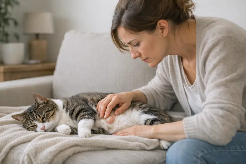 Notfallsymptome bei Katzen erkennen Eine besorgte Katzenhalterin überprüft die Gesundheit ihrer Katze auf mögliche Notfallsymptome.
