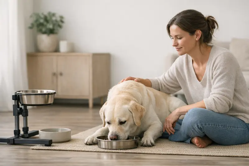 Erhöhter Napf für Hunde Ein Hund frisst aus einem erhöhten Napf in entspannter Haltung.