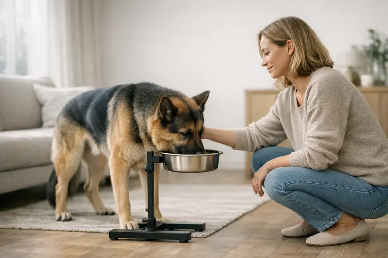 Optimale Napfhöhe für Hunde Hunde fressen an der optimalen Napfhöhe mit neutrale Halsposition.