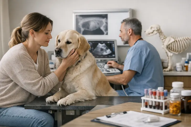 Ein Hund wird von einem Tierarzt untersucht, um Fressprobleme zu klären.