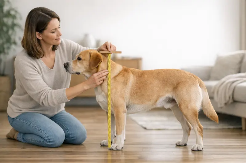 Hund stehend auf ebenem Untergrund, zur genauen Messung der Risthöhe bereit.