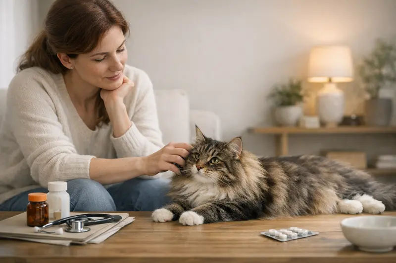 Norwegische Waldkatze auf einem Tisch beim Tierarzt für eine OP-Versicherung