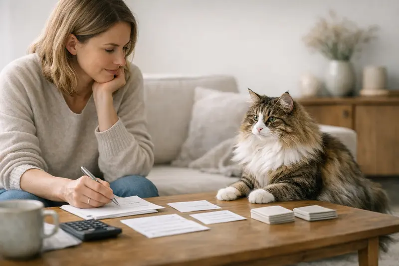 Tarifvergleich für Katzenversicherung Eine Katze sitzt mit einem Versicherungsdokument und überlegt, wie man Tarife vergleichen kann.