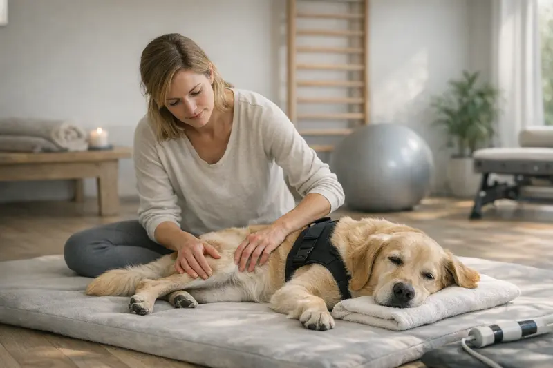 Physiotherapie für Hunde nach OP Ein Hund bekommt Physiotherapie nach einer Operation zur Gesundheitsförderung.