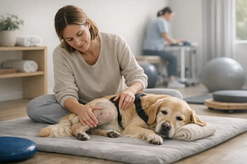 Nachsorge für Hunde nach Operationen Ein Hund erhält nach einer Operation physiotherapeutische Behandlung zur Genesung.