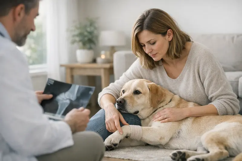 OCD beim Hund - Untersuchung beim Tierarzt Hund, der auf einer Wiese sitzt und bei einer tierärztlichen Untersuchung auf OCD getestet wird.