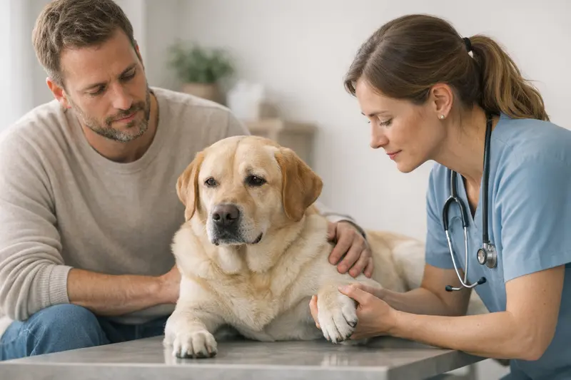 Hund beim Tierarzt wegen Gelenkproblemen Ein Hundefoto, das einen älteren Labrador zeigt, der beim Tierarzt auf eine Gelenkuntersuchung vorbereitet wird.