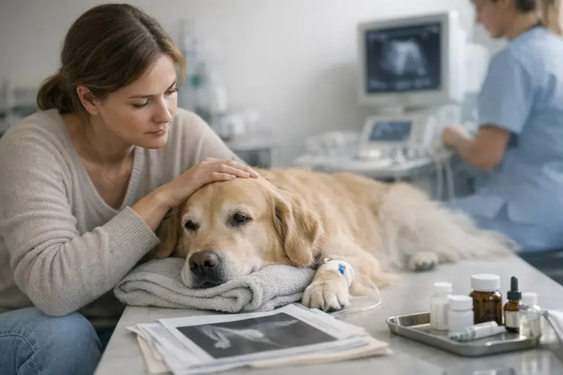 Untersuchungskosten bei Hunden vor einer OP Ein Hund beim Tierarzt während einer Untersuchung vor einer möglichen Operation.