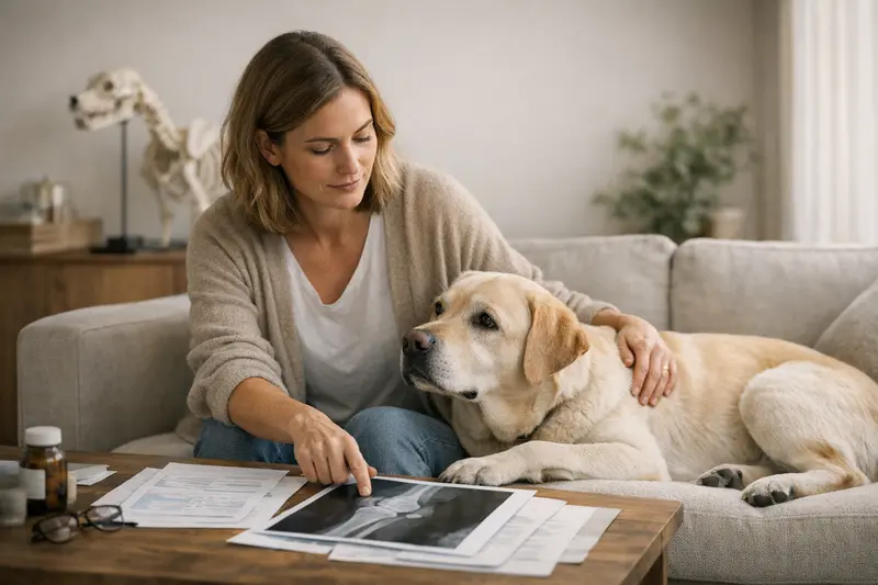 Ein Hund wird von einem Tierarzt untersucht, während der Halter Informationen zum passenden Tarif für Gelenkprobleme erhält.