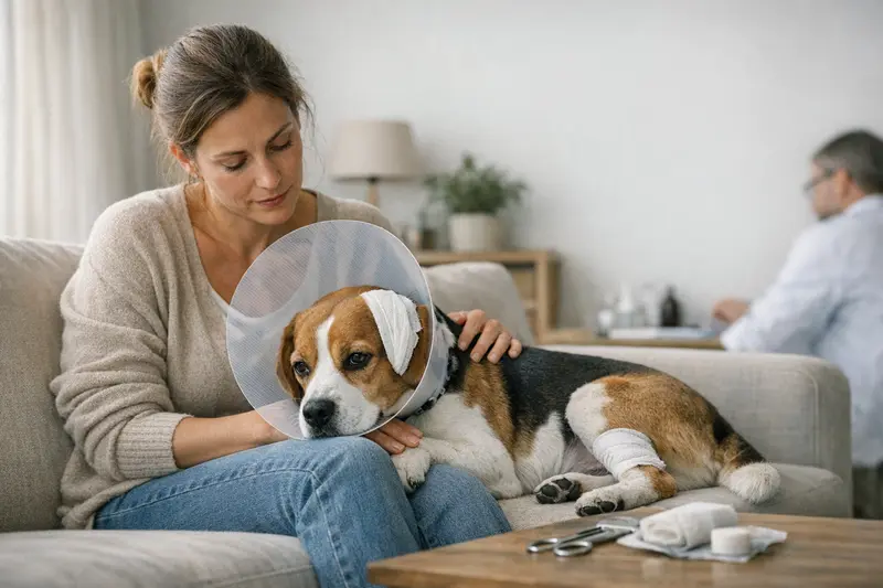 Ein Hundebesitzer beim Gespräch mit einem Tierarzt über Wartezeiten in der Tierkrankenversicherung.