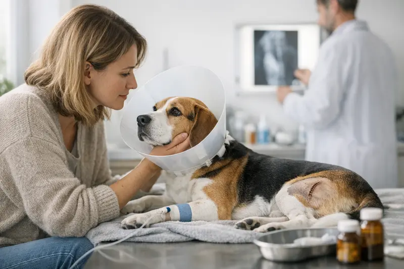 Nachsorgeuntersuchung Hund Ein Hund erhält eine Nachsorgeuntersuchung nach einer Operation.