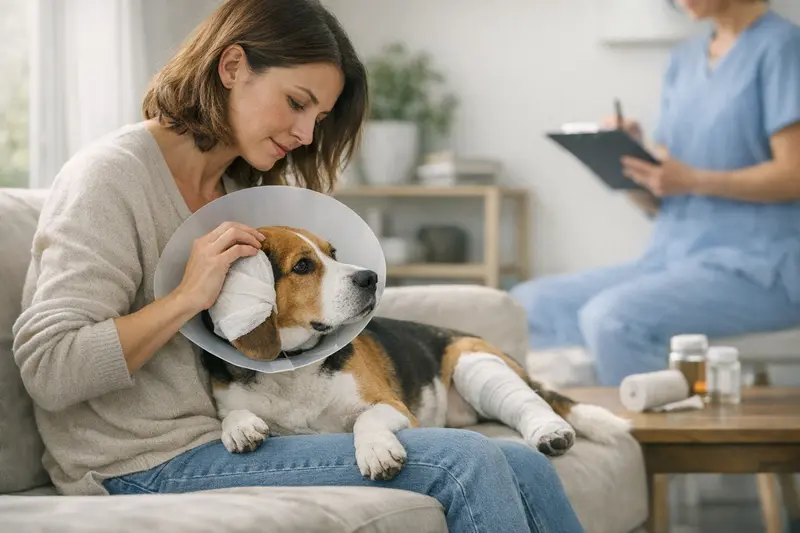 Ein Hund bei einem Nachsorgetermin in der Tierarztpraxis, was die Rolle der Selbstbeteiligung verdeutlicht.